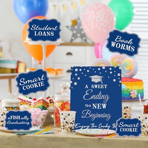 Graduation Candy Buffet Labels for Grad Party Decorations, Graduation Candy Bar Dessert Food Label Signs Set, Class of 2026 Grad Parties Table Decor Supplies (Blue and Silver)