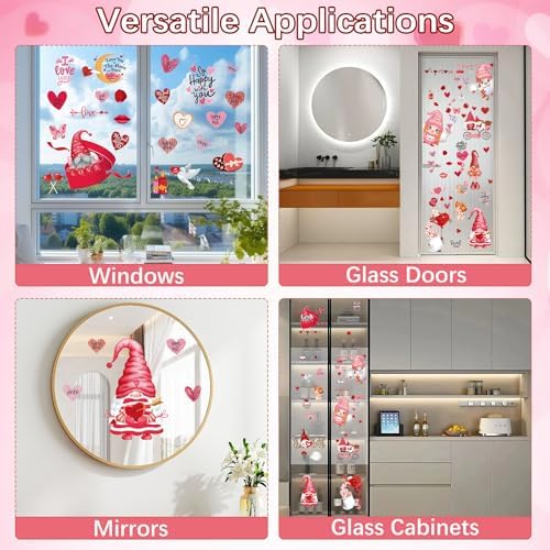 9 Sheets Valentines Day Window Clings Decor: Double-Sided Gnome Window Stickers, Cute Heart & Love Static Cling Decals, Reusable Valentine Decorations for Home School Office Party and Store
