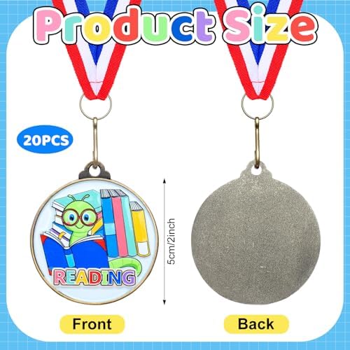 20 Pcs Reading Medals Bulk 2'' Book Worm Reading Award Medals with Neck Ribbon Trophy Prizes Winner Gift for School Classroom Students Teaching Competitions Supplies