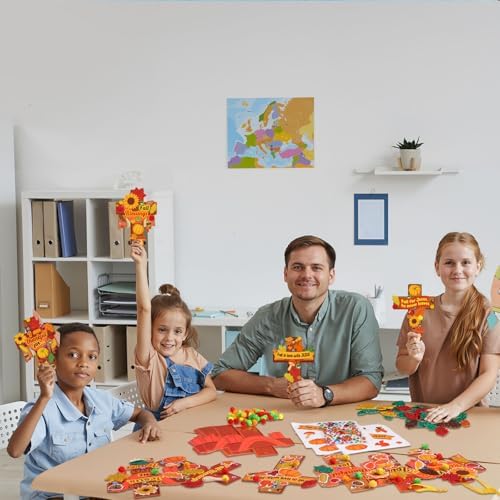 Funrous 48 Sets Fall Christian Kit Bulk Thanksgiving Cross Paper Crafts Religious Jesus Blessing Hanging Ornaments with Glitter Leaf Pompoms Stickers for Sunday School Classroom Activity Church