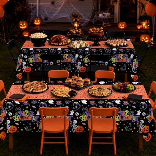 2 Pack Halloween Tablecloth, 54 x 108 Inch Disposable Plastic Table Cover, Orange Halloween Party Decorations for Halloween Decor