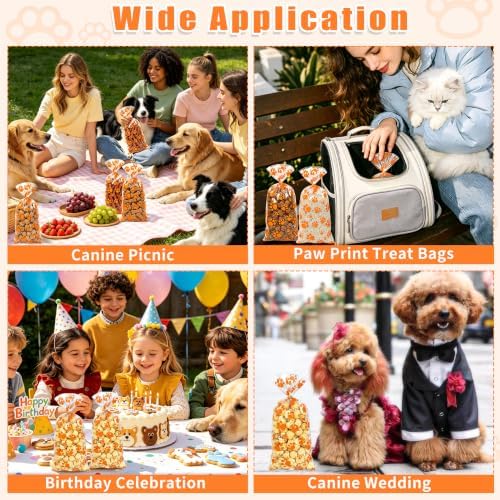 ZYLOP 50Pcs Dog Treat Bags - 5 x 11 Inch Clear Orange Dog Cellophane Treat Bags with 60 Gold Twist Ties for Pet Treats, Cookies & Candy, Paw Print Bags for Fall Parties and Party Favors