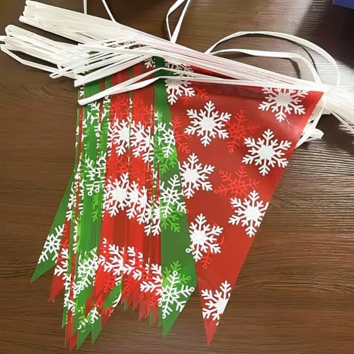 99Ft Christmas Pennant Banner Flags String Hanging Green and Red Garland with White Snowflakes Triangle Bunting Flags Party Decor for Winter Xmas Party Events Grand Opening Yard Decorations