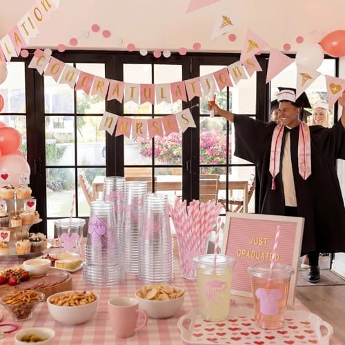 Jingmore 50 Sets Nurse Graduation Plastic Cups with Lids and Straws Cute Disposable Cold Beverage Drinking Cups for Birthday Party Decorations Supplies
