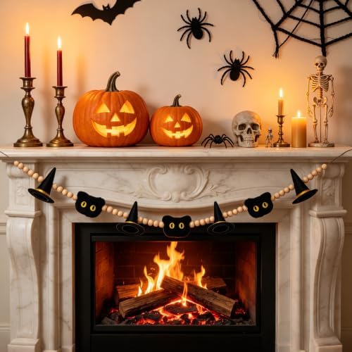 GreenD Halloween Garland 9.84FT Wood Bead Garland with Felt Witch Hats & Plush Cats, Handmade Indoor Hanging Decor for Living Room Window Neutral Farmhouse Cute Party Supplies