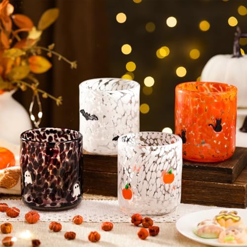 Skylety 4 Pcs Halloween Icon Glass Cups - Pumpkin, Ghost, Bat, Cat
