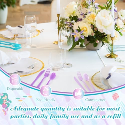 Minatee 180 Pcs Mermaid Plastic Silverware Heavy Duty Cutlery Sets Disposable Utensils for Holiday Birthday Themed Party Supplies, 60 of Each Forks Knives Spoons