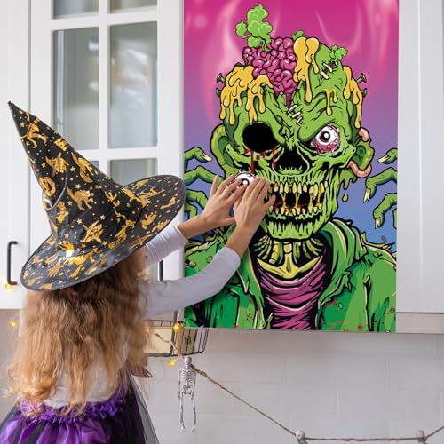 Hxezoc Pin The Eyeball On The Zombie Game with 24 Pcs Eyeballs Stickers, Halloween Pin The Tail Scary Zombie Party Games for Kids Halloween Party Birthday Party Supplies