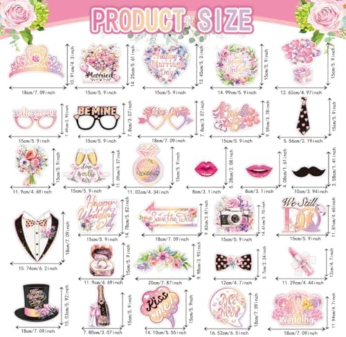 Wedding Photo Booth Props Kit, 30Pcs Romantic Watercolor Floral Handheld Cutouts, Funny Selfie Signs for Bridal Shower, Bachelorette, Engagement, Valentine's Day (Pink)