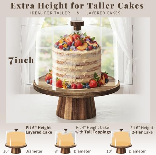 NWK 3-in-1 Acacia Wood 11 inch Cake Stand with Tall Acrylic Lid