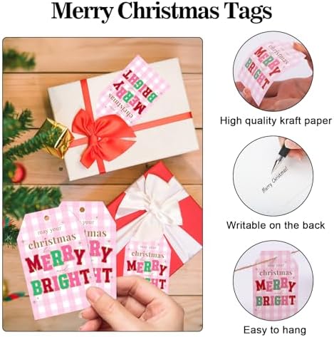 joycraft 50Pcs Christmas Tags with String, Pink Plaid Merry Christmas Tags