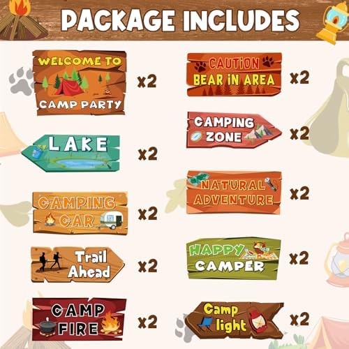 20 Pieces Camping Themed Party Decorations Welcome to Camp Party Directional Signs Summer Camping Party Decoration Supplies for Door Wall Yard Signs Photo Props