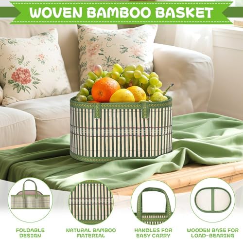 SelfTek 3 Pack Baskets for Gifts Empty, Woven Bamboo G-ift Basket Kit with Wrap Bags, Gift Card, Raffia and Pull Bows, Gifts Baskets for Birthday, Wedding, 30 x 20 x 15 cm - Green