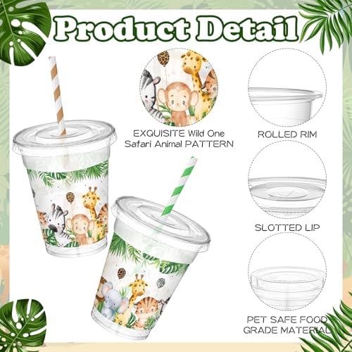 Jingmore 50 Pcs Wild One Plastic Disposable Clear Cups with Lids and Straws
