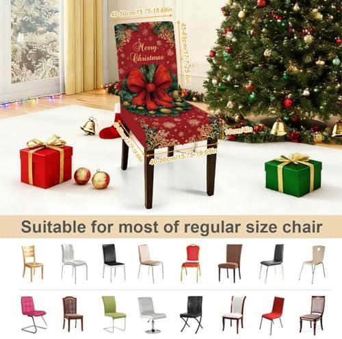 Christmas Chair Covers Set of 4, Red Bow and Wreath Dining Chair Slipcovers with Pinecones and Snowflakes, Stretchable Holiday Chair Protectors