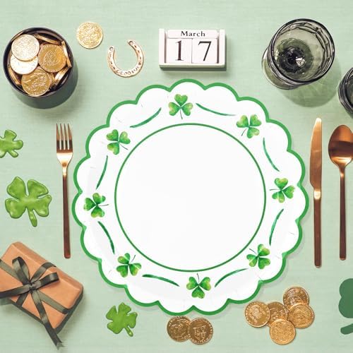 JarThenaAMCS 50 Pcs St. Patrick's Day Paper Plates Scalloped Disposable Plate Green Shamrock Clover Decorative Tableware for Irish Holiday Party Decor Supplies, 9 In