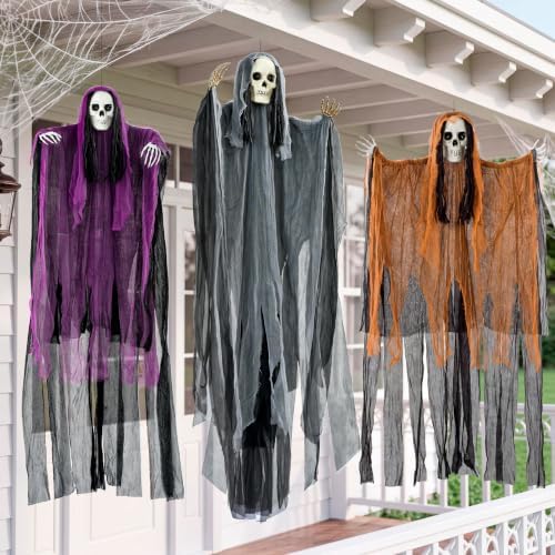 JOYIN 3 Pcs Halloween Hanging Grim Reaper Decoration Set, One 63" Two 47" Skeleton Flying Ghosts, Spooky Outdoor Indoor Decor for Yard Garden Tree Porch Haunted House Prop Party Supplies