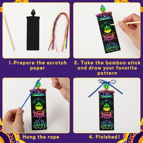 AUGSUN 96Pcs Diwali Scratch Art Bookmarks Indian Crafts for Kids