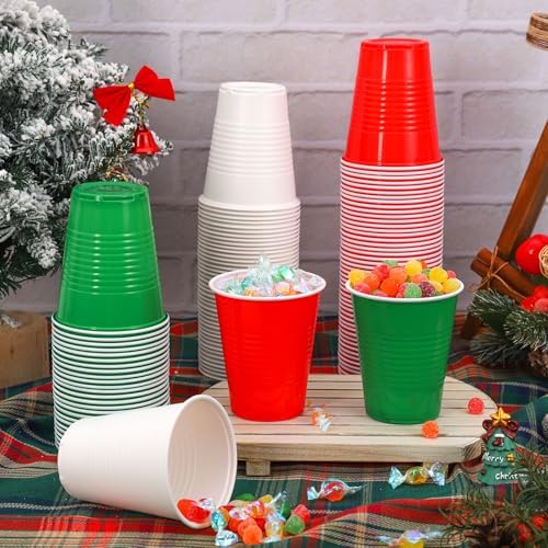 JarThenaAMCS 150Pcs Christmas Plastic Cups 12Oz Red Green White Disposable Drinking Cup Stackable Party Cups for Xmas Birthday Events Supplies