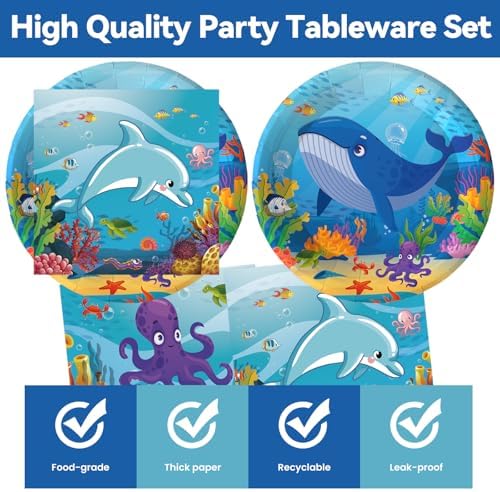 50Pcs Under the Sea Birthday Plates and Napkins Party Supplies, Disposable Ocean Theme Paper Plates Napkins Tableware Set for Sea Animal Party Decorations (Sea Animal)