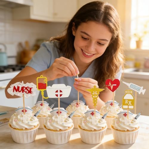 28 PCS Nurse Cupcake Toppers, Glitter Nurses Week Cupcake Picks, Nursing School Graduation Food Picks Cupcake Toppers Cake Decorations for National Nurse Day Nursing Graduation Congrats Party Supplies