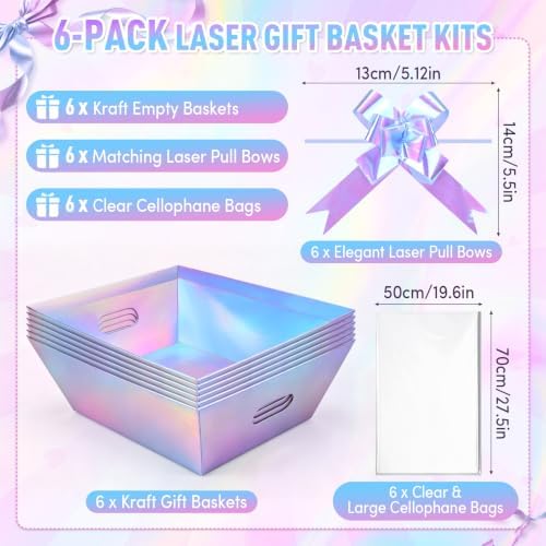 6PACK LaserBaskets For Gifts Empty, 10 x 8” bThick Kraft Gift Basket with 6Bows 6Bags Empty Gift Baskets for Christmas