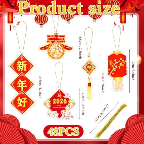 HOWAF 48pcs Chinese New Year Decorations Chinese New Year Hanging Ornament Set, Good Luck Red Lanterns Red Envelope Paper Fans for 2026 Year of The Horse Tree Ornaments, Spring Festival Ornaments