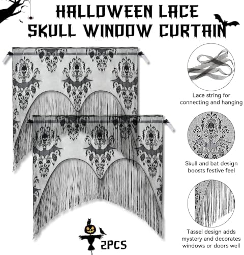 ZeeDix 2 Pcs Halloween Lace Curtains Black Skull Tassel Window Door Curtain