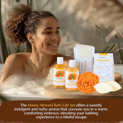 Bath Spa Gift Basket, Honey Almond 8pcs Bath & Body Gift Set for Women