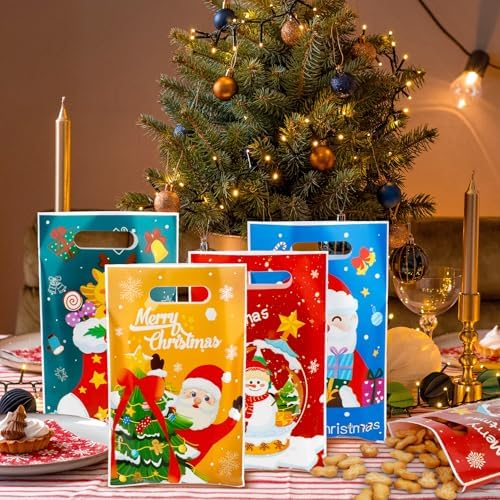 Christmas Treat Bags with Handles, 60 PCS Christmas Goodie Bags, Xmas Gift Bag, Plastic Snowman Santa Claus Candy Goody Cookie Snack Bag Holiday Party Favor Bag for Xmas Winter Party Favor Supplies