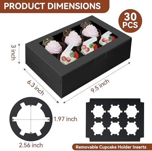 30-Set Cupcake Boxes Bulk with Clear Display Window Hold 6 Standard Cupcakes, Disposable Food Grade Black Cupcake Carrier Cupcake Container, Perfect for Cupcakes Muffins Cookies Pastries