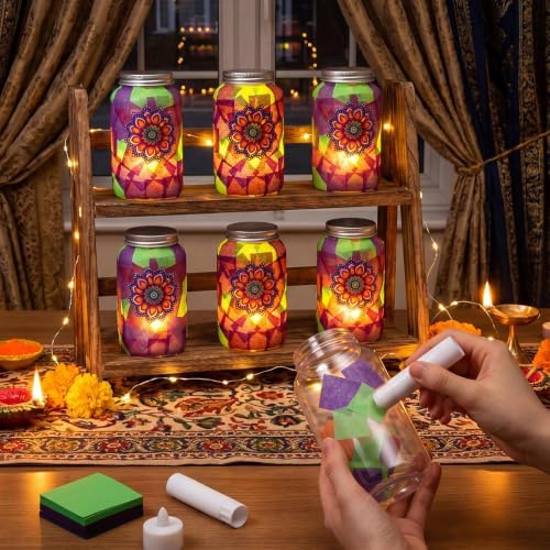 Qinyoung 12 Pcs Mandala Diwali Craft Mason Jars Tissue Paper Craft with LED