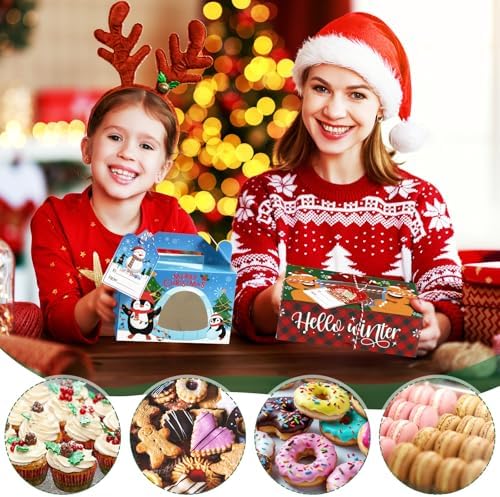 Cinnvoice 24 Pcs Christmas Cookie Boxes with Window Tags Strings,Joy