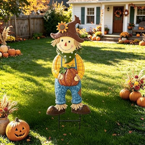 BRIGHTDECK Outdoor Fall Scarecrow Metal Stakes Decorations Autumn Yard Sign