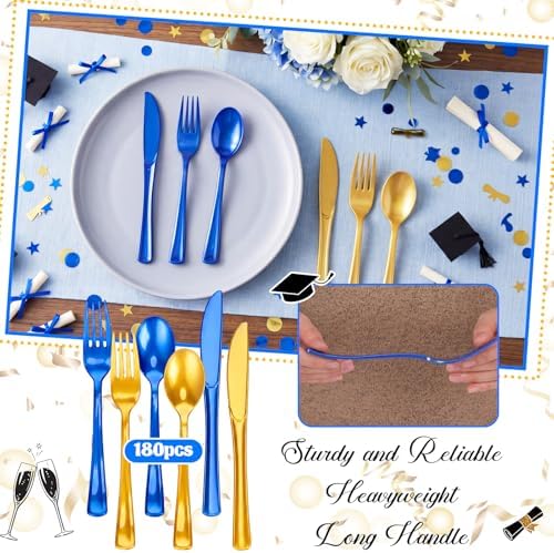 Minatee 180 Pcs Blue and Gold Plastic Silverware Heavy Duty Cutlery Sets Disposable Utensils for Holiday Birthday Themed Party Supplies, 60 of Each Forks Knives Spoons