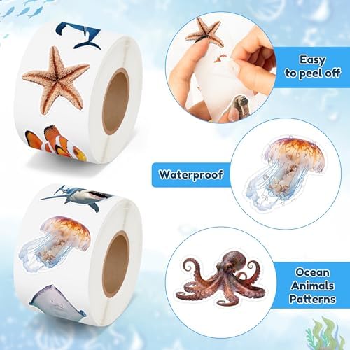H1vojoxo Ocean Animals Sticker Rolls - 1000PCS Decorative Realistic Summer Sea Animal Fish Shark Stickers for Kids Under The Sea Stickers Sea Creature Sticker Labels for Laptop Scrapbook Water Bottle
