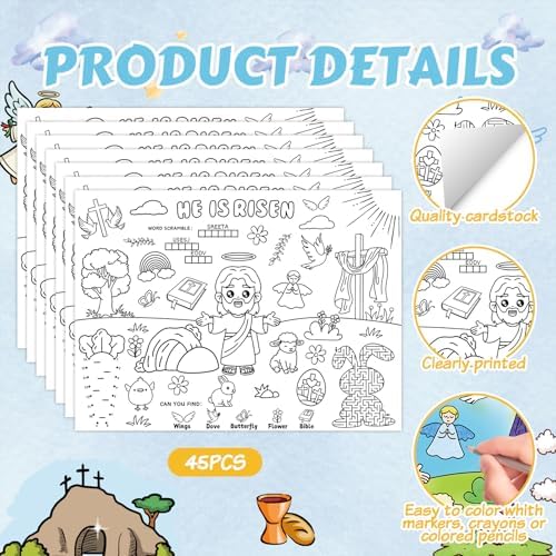 45pcs He is Risen Disposable Coloring Placemats Easter Christian Crafts for Kids Sunday School Easter Party Favors Coloring Poster Religious Activity Church Supplies Paper Table Mats