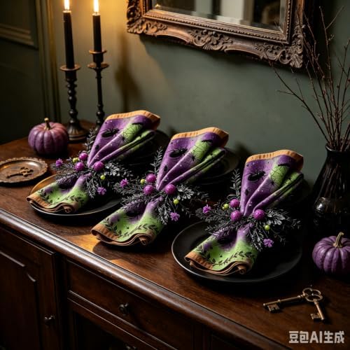12 Pcs Halloween Spooky Beetle Spider Napkin Rings Artificial Black Foliage Purple Glitter Ball Green Bead Purple Flower Wreath Napkin Ring Holder Buckles for Halloween Gothic Dinner Haunted House