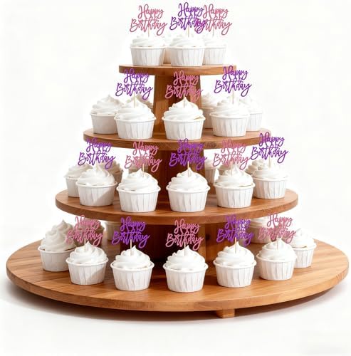 24 PCS Happy Birthday Cupcake Toppers Glitter Happy Birthday Cupcake Picks for Celebrating Anniversary Theme Party Cake Decorations Supplies Pink Purple