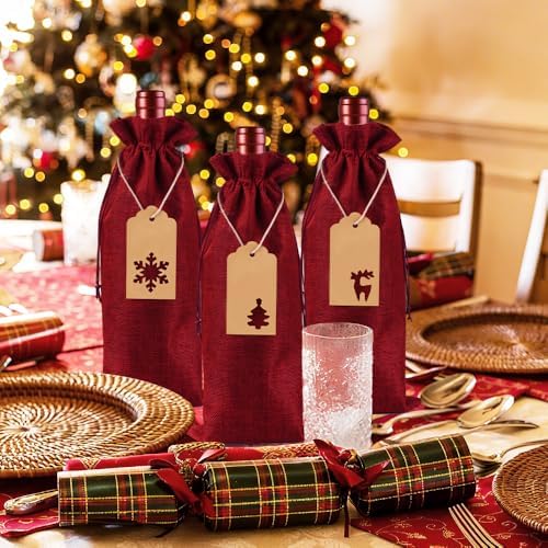JOICEE 12 Pcs Wine Red Burlap Wine Bags Wine Bottle Gift Bags