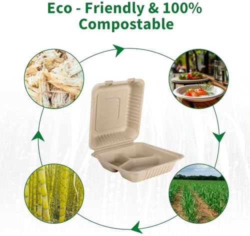 Aricsen Disposable 50 Pack 3 Compartment 8x9 Inch Take Out Food Containers