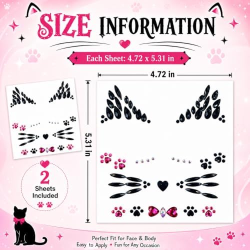 Voiiake Crystal Cat Face Gems Stickers, 2-Sheet Cat Print Gem Jewels, Black Cat Costume Women Accessories for Halloween Makeup