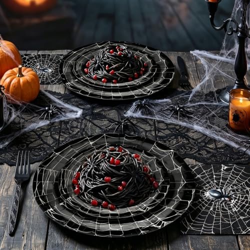 100 Pcs Halloween Spider Web Party Tableware Set – Disposable Spider Plates, Napkins and Forks with Black Spider Web Design for Halloween Party Decorations, Haunted House and Spooky Celebrations