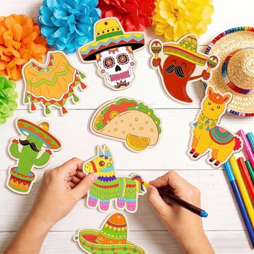 80PCS Wooden Cinco De Mayo Crafts Decorations Mexico Crafts for Kids Fiesta Party Ornaments to Paint, 10 Styles DIY Blank Unfinished Cutouts for Tree Hanging Mexican Theme Carnival Taco Birthday Party