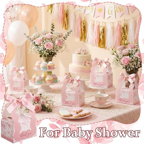 ForraFun 50 Sets Floral Wedding Favor Boxes with Pearl Pendant Bow, Pink