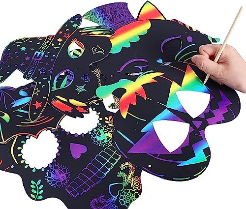 Max Fun 48PCS Halloween Crafts for Kids Kit, Rainbow Scratch Art and Crafts Mask, Birthday Cosplay Classroom Decoration, Magic Scratch Paper Halloween Party Favors Supplies Bat Witch Pumpkin Zombie