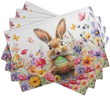 Easter Rabbit Placemats Set of 4 Spring Bunny Colorful Egg Wildflower Place Mat 12x18 Inch Seasonal Farmhouse Linen Fabric Table Mats for Kitchen Dining Outdoor Indoor Easter Party