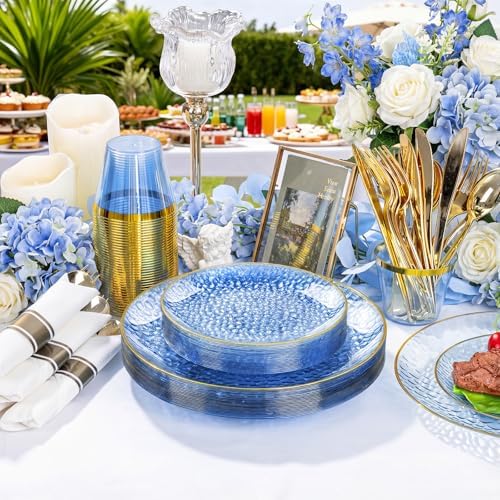Rubtlamp 100 Guest Blue Gold Plastic Dinnerware Set,Clear Blue Disposable With Gold Rim, Hammer Fancy Party Plates Include 100Dinner Platos,100Cake Platos,100Cups,100 Pre Rolled gold Cutlery