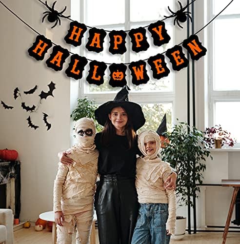 JOZON Happy Halloween Banner with Spider Pumpkin Sign for Party Decorations