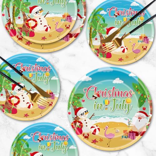 Litmitfu 24 Pcs Christmas in July Plates Set - Blue Summer Themed Paper Plate, Disposable Xmas Round Dinner Dessert Plates Tableware for Christmas in July Party Supplies Favors Table Decorations